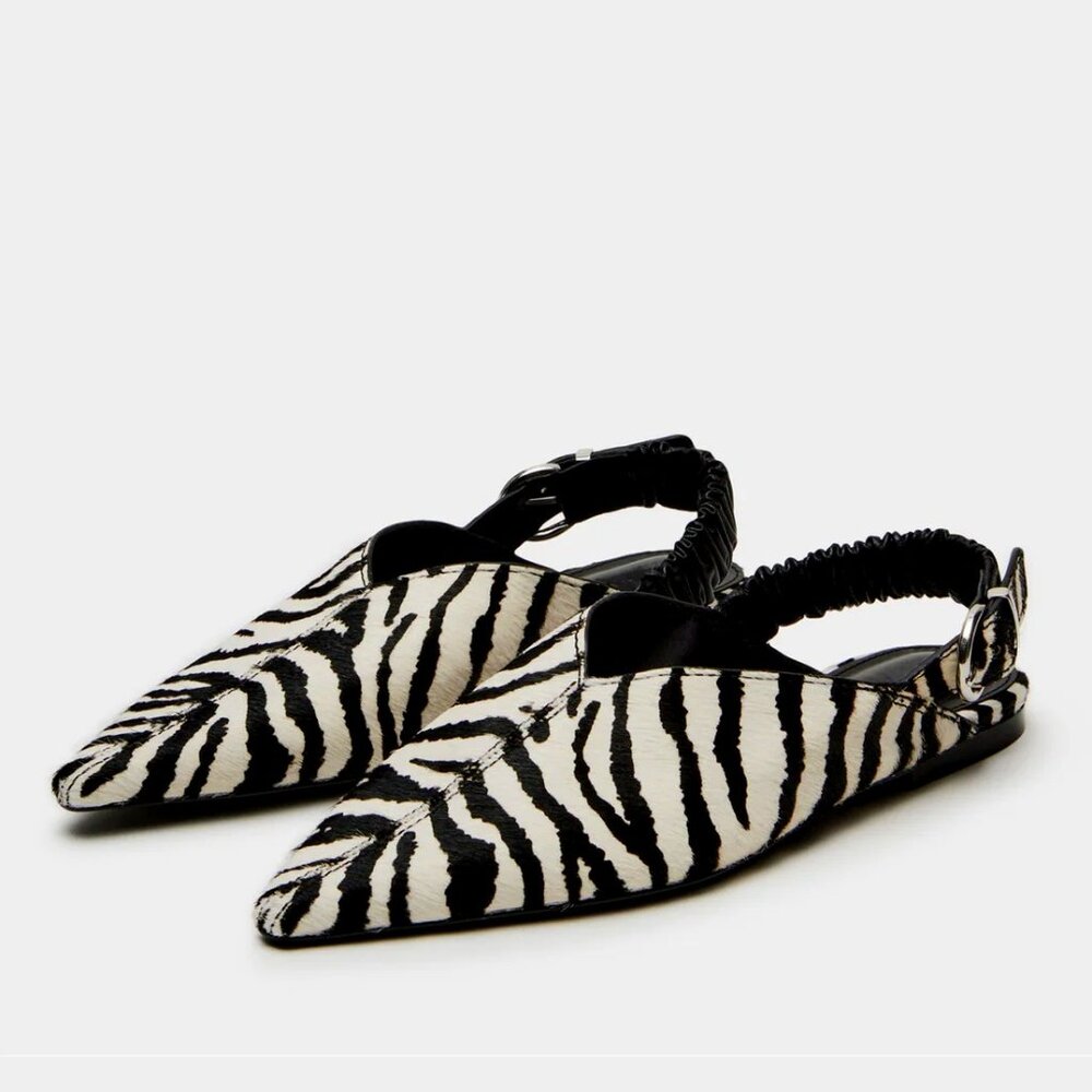 Steve Madden Zebra-Print Cow Hair Pointed-Toe Ruched Slingback Ballet Flats